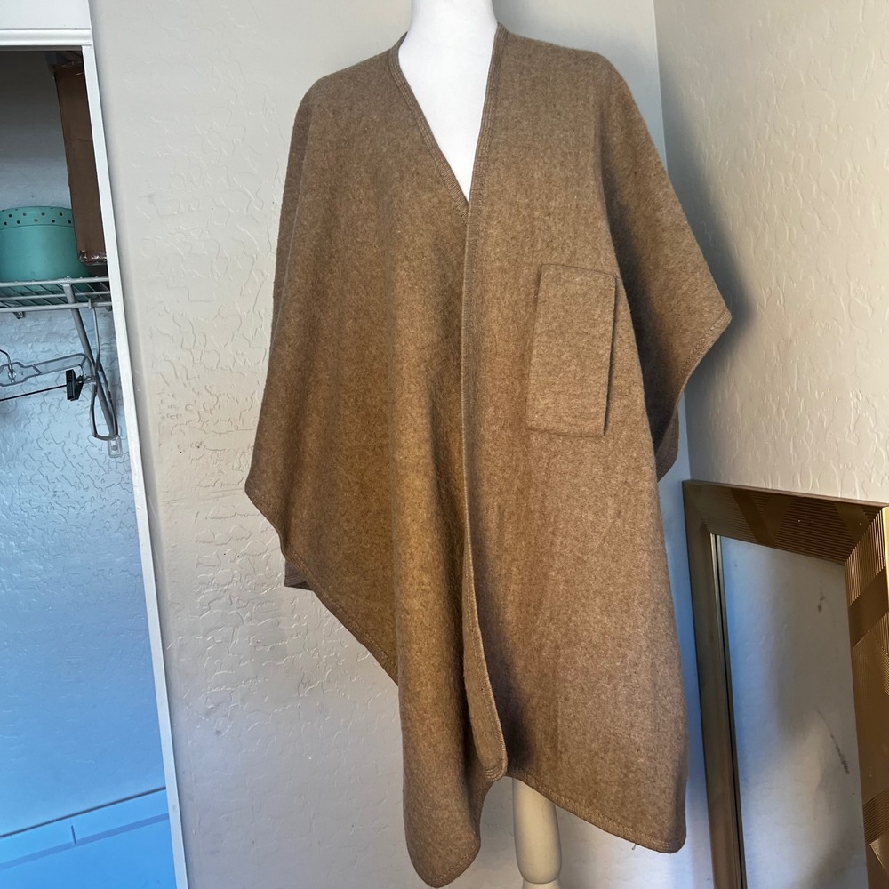 Camel Brown Wool Blend Open Front Poncho Wrap Cape with Pocket One Size